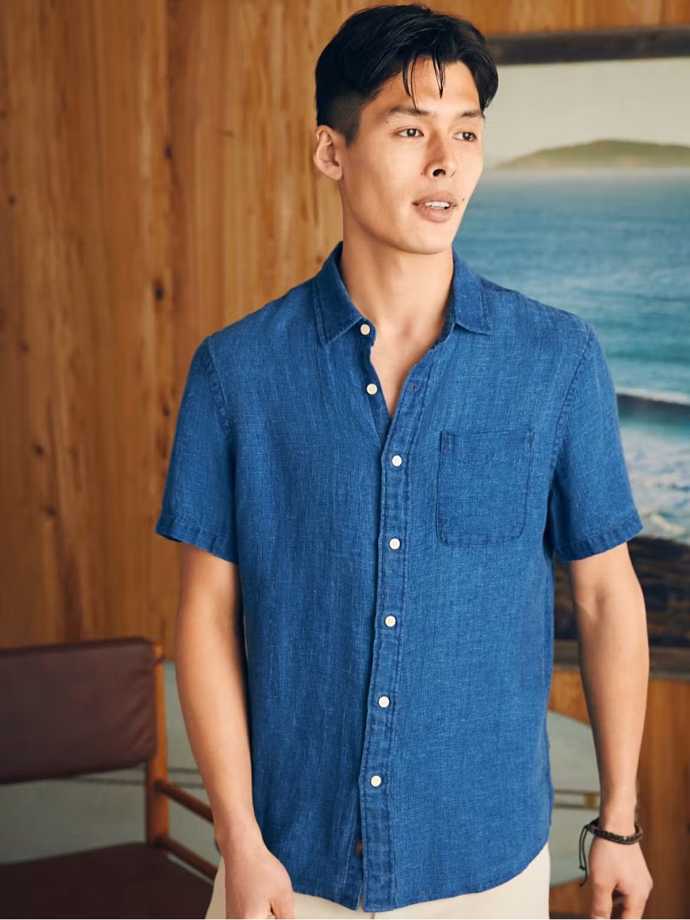 Faherty Palma Blue Indigo Linen Shirt XL Basket Weave Coastal Surf